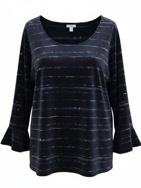 Pure J Jill Black Tie Dye Stripe Tunic Top L Bell Sleeve Soft Stretch Knit Boho
